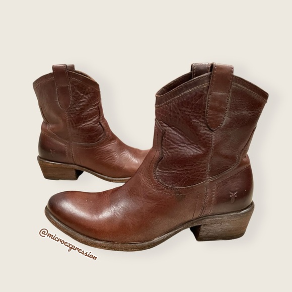 Frye Carson Pull On Brown Real Leather Western Low Heel Festival Cowgirl Boot - Picture 3 of 11